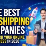 A digital dashboard displaying e-commerce sales charts, surrounded by shipping boxes and icons representing global dropshipping logistics.