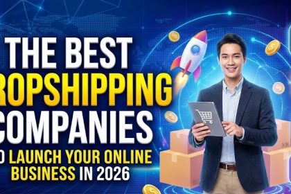 A digital dashboard displaying e-commerce sales charts, surrounded by shipping boxes and icons representing global dropshipping logistics.