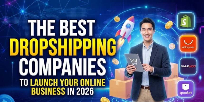 A digital dashboard displaying e-commerce sales charts, surrounded by shipping boxes and icons representing global dropshipping logistics.