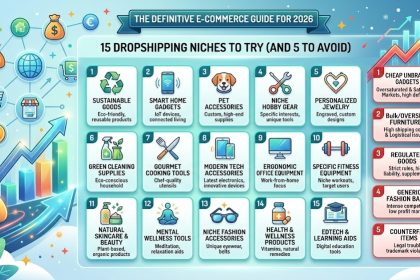 A digital nomad researching profitable dropshipping niches on a laptop with a chart showing growth in pet and home office categories.