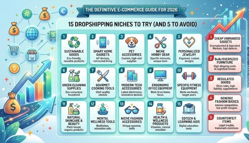 A digital nomad researching profitable dropshipping niches on a laptop with a chart showing growth in pet and home office categories.