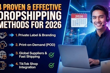 A digital dashboard displaying e-commerce sales charts, surrounded by shipping boxes and icons representing global and domestic dropshipping logistics.