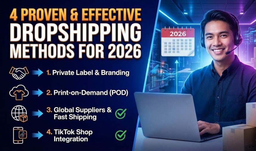 A digital dashboard displaying e-commerce sales charts, surrounded by shipping boxes and icons representing global and domestic dropshipping logistics.