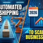 A digital dashboard displaying automated order fulfillment data, inventory levels, and a customer service chatbot interface.
