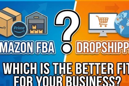 A split screen comparison showing an Amazon FBA warehouse with cardboard boxes on the left and a digital dropshipping dashboard on a laptop on the right.