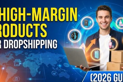 An entrepreneur analyzing ecommerce profit margins and product data on a dual-monitor setup.