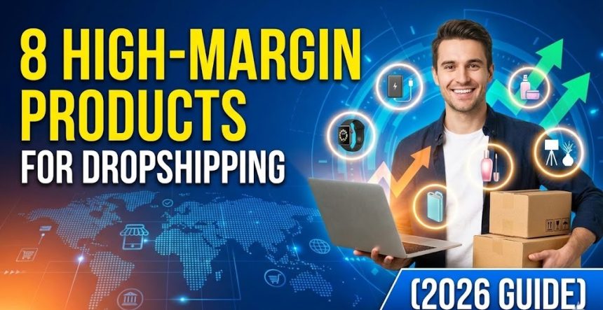 An entrepreneur analyzing ecommerce profit margins and product data on a dual-monitor setup.