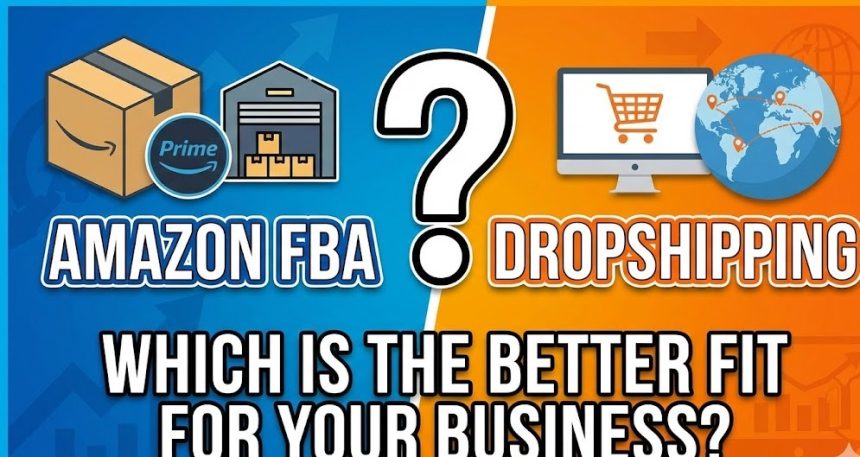 A split screen comparison showing an Amazon FBA warehouse with cardboard boxes on the left and a digital dropshipping dashboard on a laptop on the right.