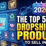 A digital collage showcasing popular dropshipping products like a yoga mat, a ring light, a smart watch, and wireless headphones against a clean background.