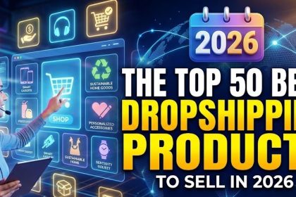 A digital collage showcasing popular dropshipping products like a yoga mat, a ring light, a smart watch, and wireless headphones against a clean background.