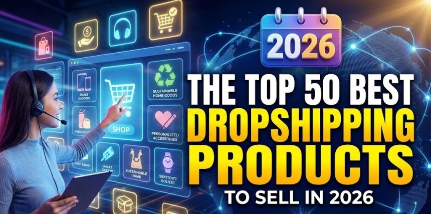 A digital collage showcasing popular dropshipping products like a yoga mat, a ring light, a smart watch, and wireless headphones against a clean background.