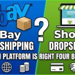A split graphic showing the eBay marketplace search interface on the left and a custom Shopify storefront on the right.
