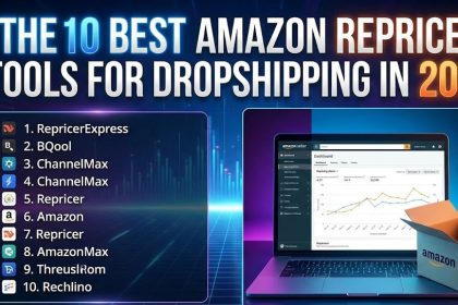 A digital dashboard showing automated Amazon pricing charts and upward sales trends on a laptop screen.