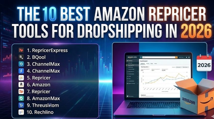 A digital dashboard showing automated Amazon pricing charts and upward sales trends on a laptop screen.