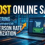A digital marketer analyzing an upward-trending eCommerce conversion rate graph on a computer monitor.