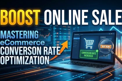 A digital marketer analyzing an upward-trending eCommerce conversion rate graph on a computer monitor.