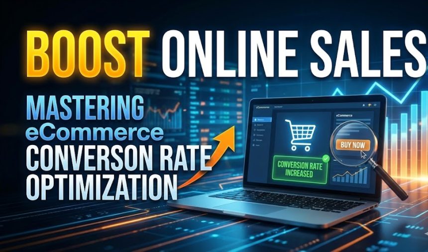 A digital marketer analyzing an upward-trending eCommerce conversion rate graph on a computer monitor.