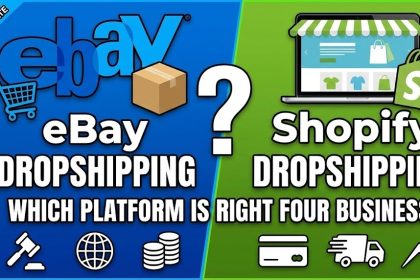 A split graphic showing the eBay marketplace search interface on the left and a custom Shopify storefront on the right.