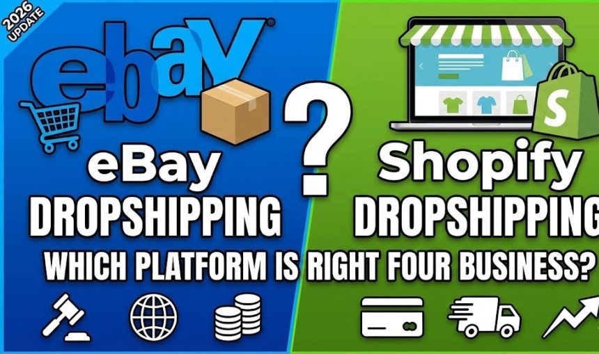 A split graphic showing the eBay marketplace search interface on the left and a custom Shopify storefront on the right.