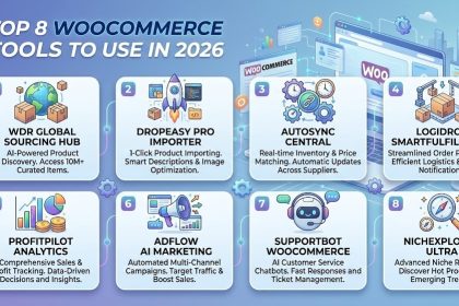 A laptop showing a WooCommerce dashboard with various dropshipping plugin icons and a rising sales chart.