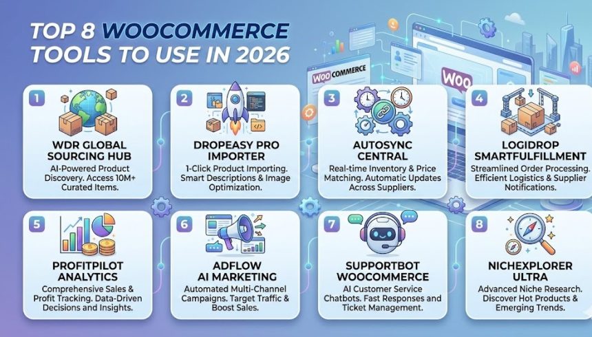 A laptop showing a WooCommerce dashboard with various dropshipping plugin icons and a rising sales chart.