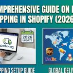 A laptop screen displaying the Shopify Shipping and Delivery settings dashboard with a package ready for shipment in the background.