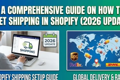 A laptop screen displaying the Shopify Shipping and Delivery settings dashboard with a package ready for shipment in the background.