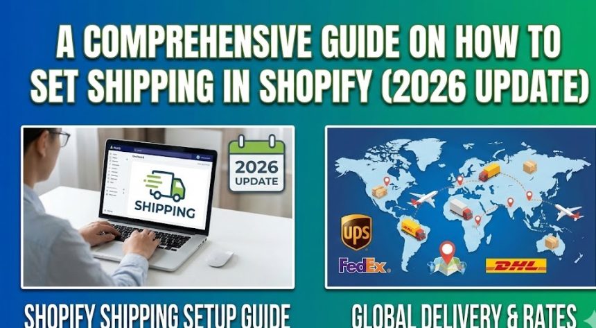 A laptop screen displaying the Shopify Shipping and Delivery settings dashboard with a package ready for shipment in the background.