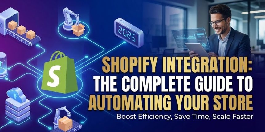 A diagram showing the Shopify logo connected to various icons representing ERP, Marketplace, and Vendor systems.