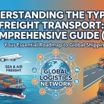 A collage showing a cargo ship, a freight train, a cargo plane, and a semi-truck, representing the different modes of freight transport.