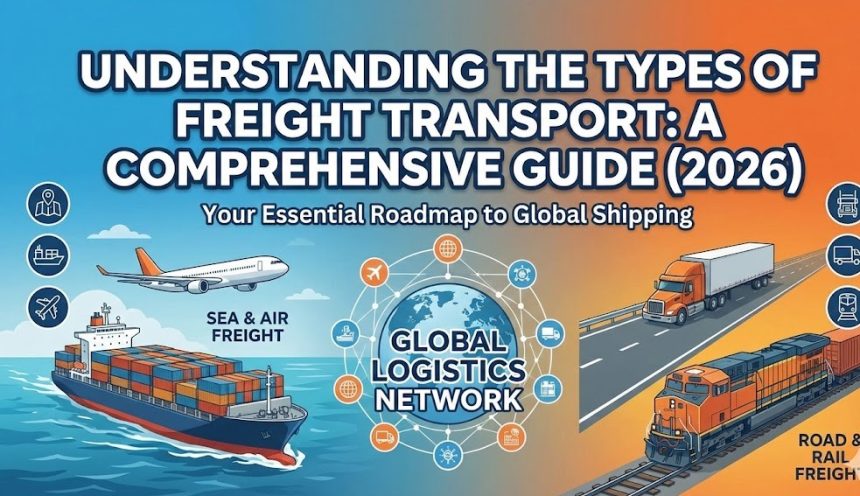 A collage showing a cargo ship, a freight train, a cargo plane, and a semi-truck, representing the different modes of freight transport.