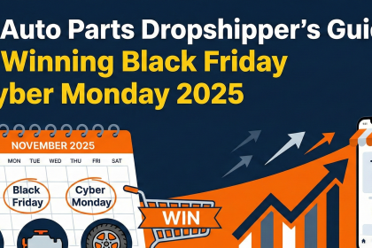 A mechanic checking inventory of auto parts like brake discs and filters on a digital tablet, representing efficient automotive dropshipping operations during Black Friday sales.