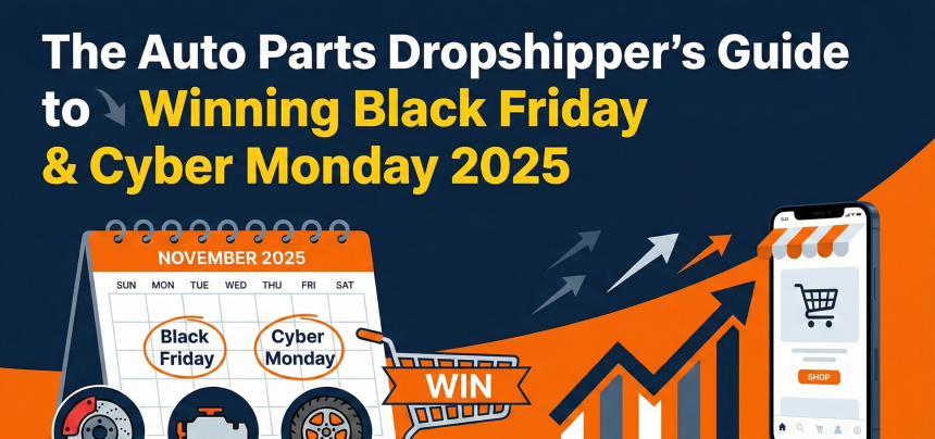 A mechanic checking inventory of auto parts like brake discs and filters on a digital tablet, representing efficient automotive dropshipping operations during Black Friday sales.