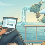 A digital nomad working on a laptop by a swimming pool, representing the freedom of an automated online business.