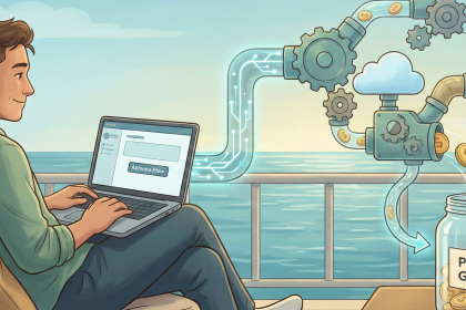 A digital nomad working on a laptop by a swimming pool, representing the freedom of an automated online business.