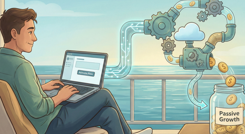 A digital nomad working on a laptop by a swimming pool, representing the freedom of an automated online business.