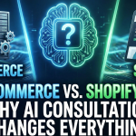 A split-screen comparison illustration showing the Shopify logo on the left representing simplicity and the WooCommerce logo on the right representing customization and AI integration.