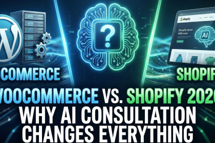 A split-screen comparison illustration showing the Shopify logo on the left representing simplicity and the WooCommerce logo on the right representing customization and AI integration.
