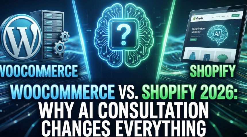 A split-screen comparison illustration showing the Shopify logo on the left representing simplicity and the WooCommerce logo on the right representing customization and AI integration.
