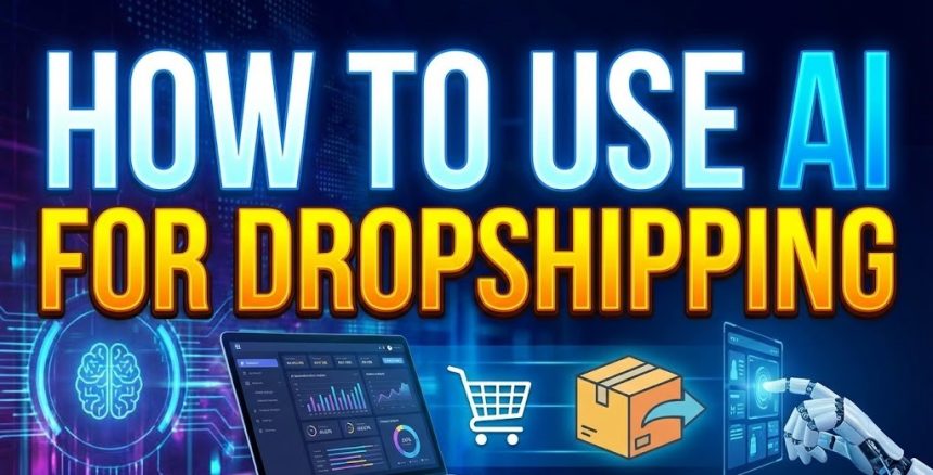 A futuristic robot hand organizing digital e-commerce packages, representing AI dropshipping automation.