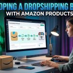 A digital dashboard showing Amazon product listings and dropshipping automation tools.