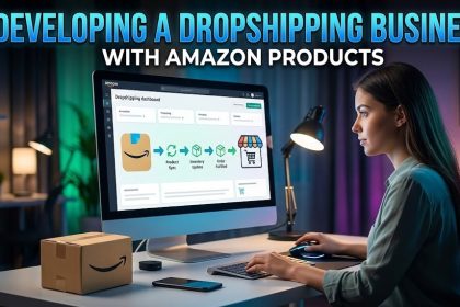 A digital dashboard showing Amazon product listings and dropshipping automation tools.