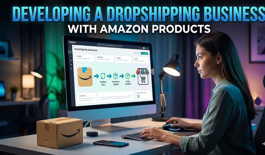A digital dashboard showing Amazon product listings and dropshipping automation tools.